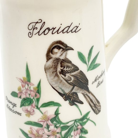 Vintage Florida Souvenir Creamer Mocking Bird Orange Blossom Flowers White Gold - Picture 2 of 12